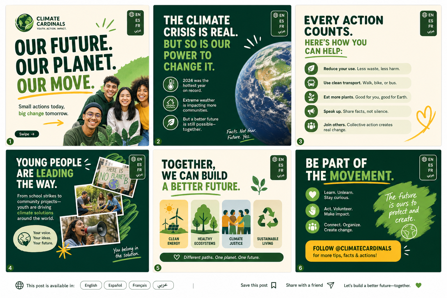 Climate Cardinals digital content series, accessible climate education graphics for diverse youth audiences
