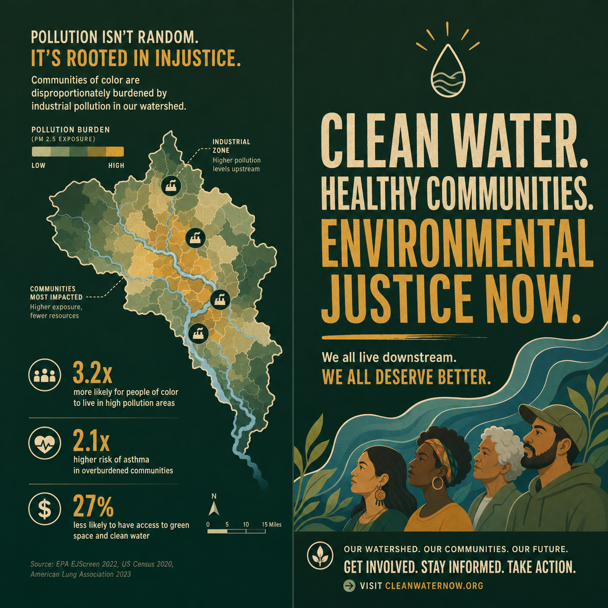 Visual storytelling for CLF environmental litigation, translating legal and scientific data into accessible graphics